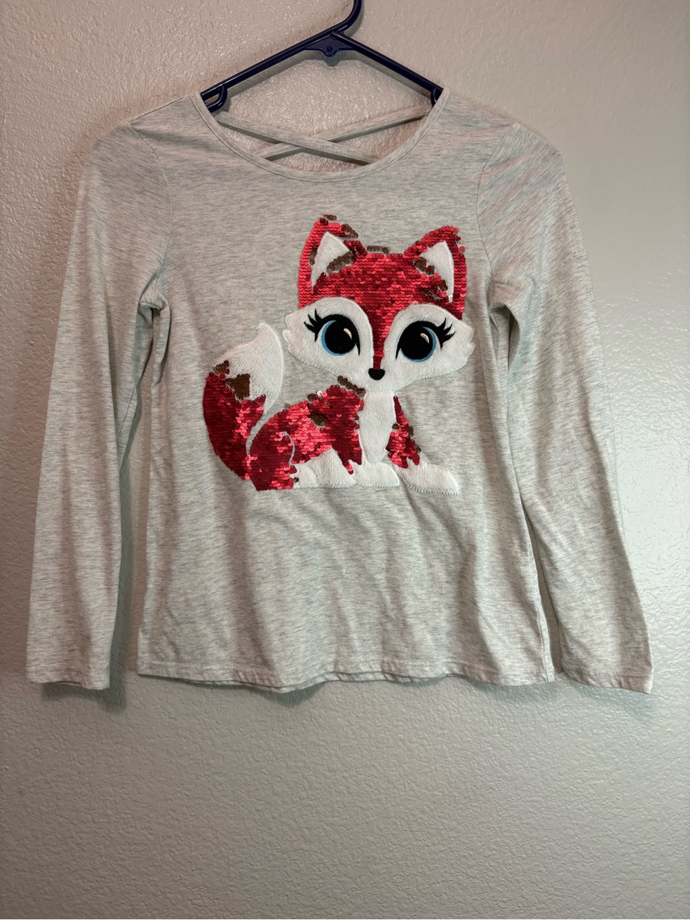 Justice Light Gray Long Sleeve Top with Red Sequin Fox
